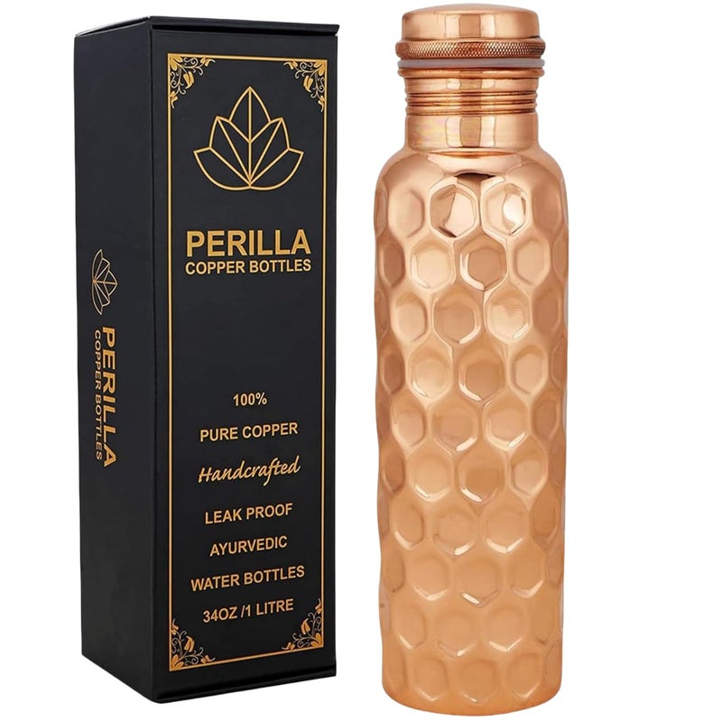 Perilla Home Pure Copper Water Bottle 34 Oz Leak Proof 100% Pure Ayurvedic Copper Vessel - Drink More Water And Enjoy The Health Benefits Immediately - For Gym, Yoga Bottle (Diamond Pattern) - Image 1